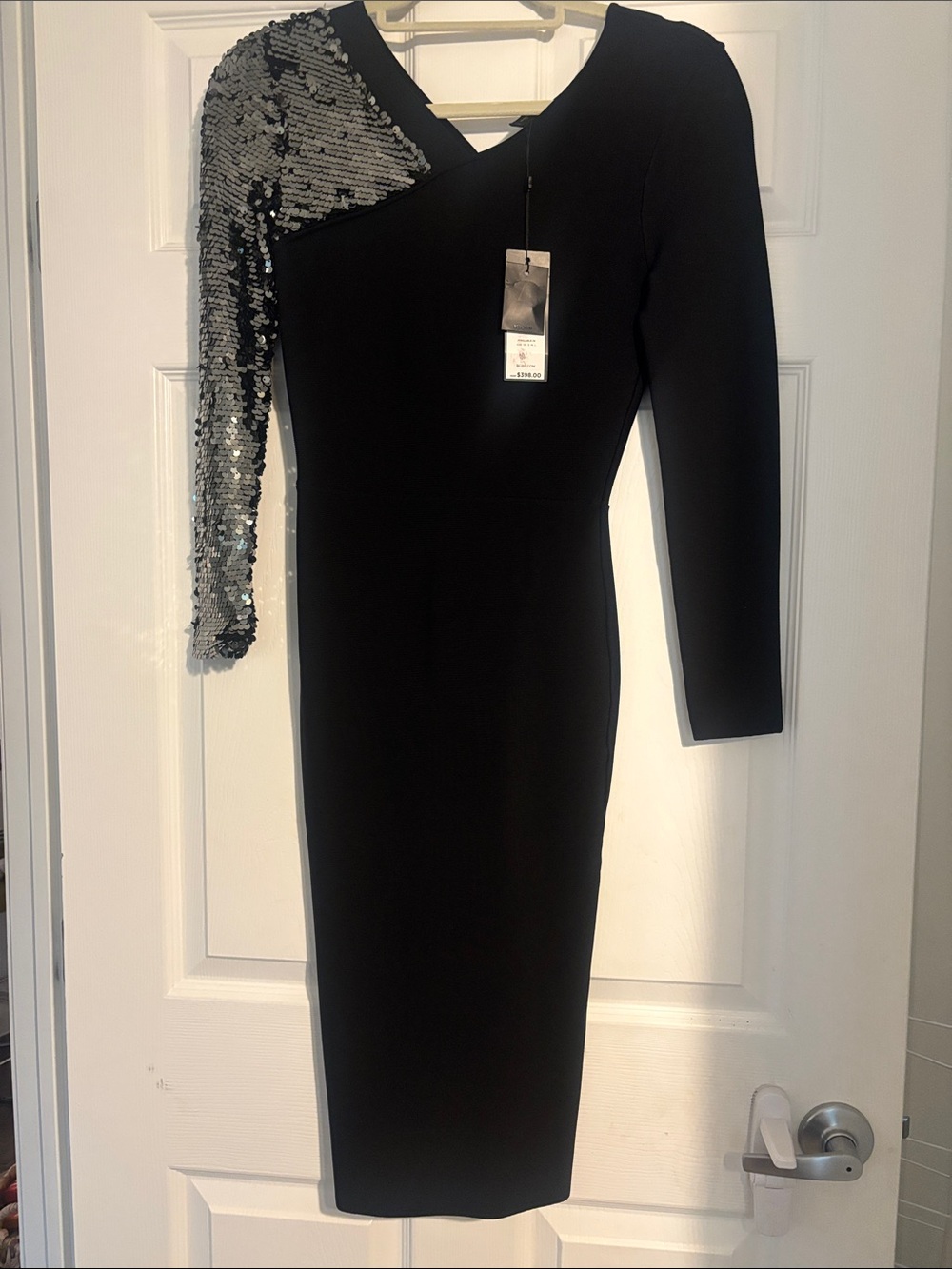 One-Shoulder Black Dress with Silver Sequin Sleeve